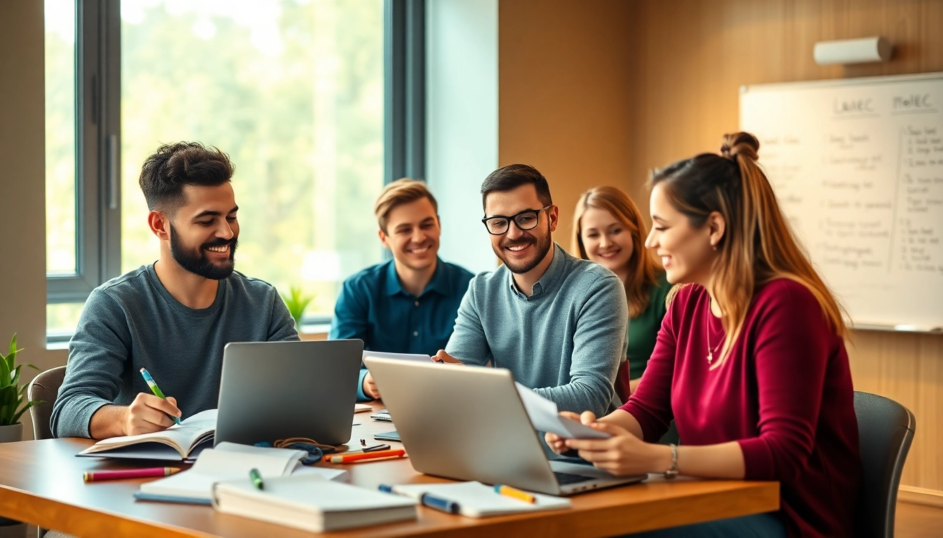 B2 Zertifikat TELC exam preparation in a modern classroom with diverse adult students studying.